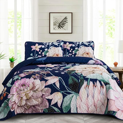 Drucon Floral Quilt Queen Size - 3 Pieces Navy Blue Quilt Botanical Bedspread Soft Lightweight Flower Bedding Set for All Season (96"x90")