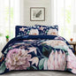 Drucon Floral Quilt Queen Size - 3 Pieces Navy Blue Quilt Botanical Bedspread Soft Lightweight Flower Bedding Set for All Season (96"x90")