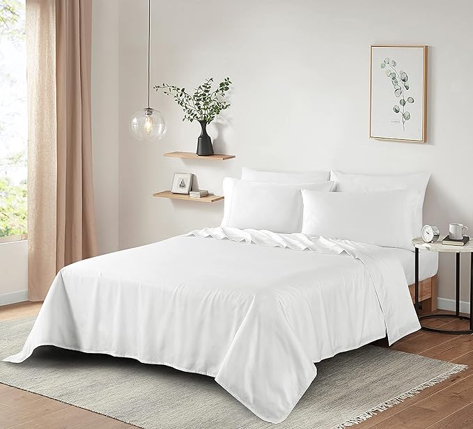 100% Supima Cotton Sheets 600 Thread Count,Bed Sheet Set King Size Sheets 4 Pieces,Soft & Silk Sateen Weave, Fits Mattress Up to 18",Deep Pocket, Breathable & Fade Resistant(White,King)