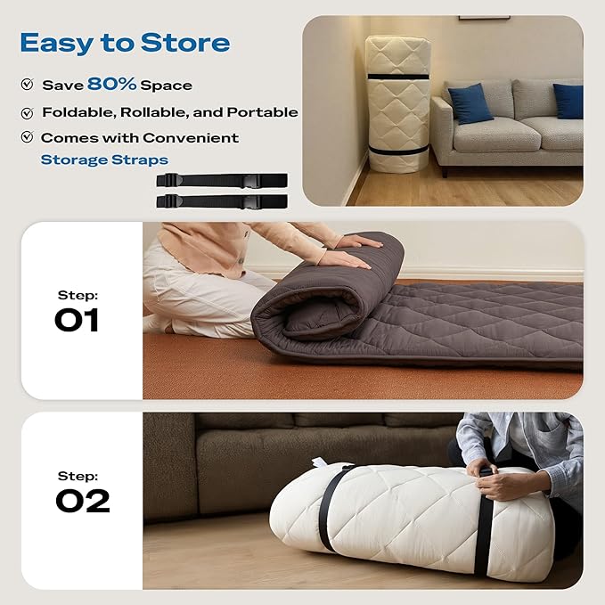 Aircliff Japanese Floor Mattress Futon - Foldable Tatami Mat, High Density Foam Sleeping Pad, Shikibuton, Designed in Japan, Roll-Up Floor Bed for Dorm, Lounger, or Guest Use (Grey, Twin)