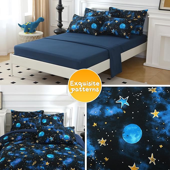 Glow in The Dark Kids Comforter Set， 4 Pieces Blue Space Bedding Set Full Size for Boys Girls Teen, 1 Comforter, 1 Pillowcase, 2 Pillow Shams