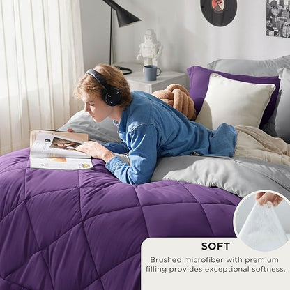 Bedsure Queen Comforter Set - 7 Pieces Reversible Purple Bedding, Queen Size Bed Set for All Seasons, Bed in a Bag with Down Alternative Comforter, Sheets, Pillowcases & Shams