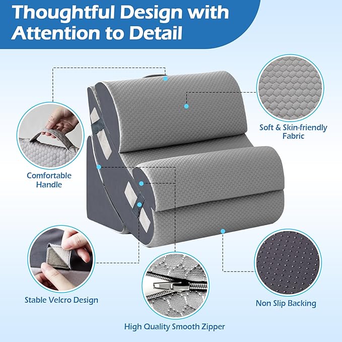 6PCS Orthopedic Bed Wedge Pillow Set for Sitting up in Bed, Memory Foam Post Surgery Pillow for Back Pain Relief, Back Support Pillow for Acid Reflux Relief, GERD, Anti Snoring (Grey)