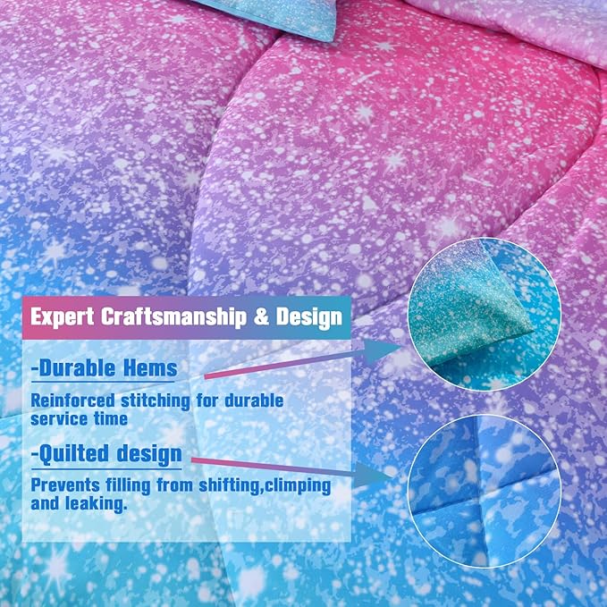 6Pcs Glitter Comforter Set with Sheets for Teens Girls Kids, Colorful Gradient Glitter Themed Bed in a Bag Full Size, Pink Teal 3D Sparkly Galaxy Bedroom Decor Bedding Set