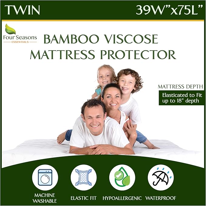 Four Seasons Essentials Twin Size Waterproof Mattress Protector - Cooling Viscose derived from Bamboo Fitted Sheet Mattress Cover - Quilted Jacquard Pad Protects from Dust Allergens