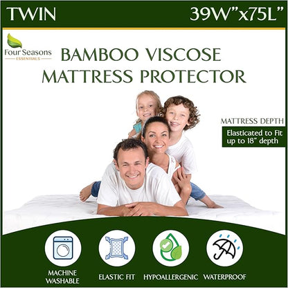 Four Seasons Essentials Twin Size Waterproof Mattress Protector - Cooling Viscose derived from Bamboo Fitted Sheet Mattress Cover - Quilted Jacquard Pad Protects from Dust Allergens
