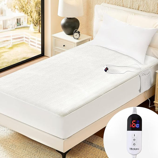 Electric Heated Mattress Pad Twin Size Single Control Bed Warmer, Deep Pocket, Side Storage Pouch for Controller, Machine Washable, Waffle Jacquard, 39"x75", White