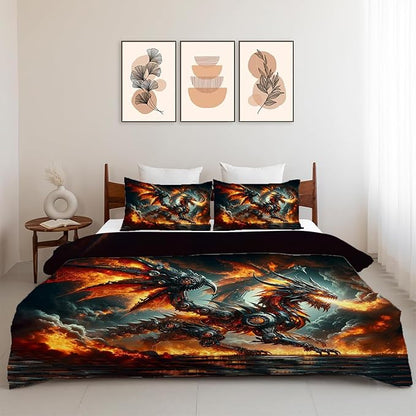 Dragon Bedding Set 3 Pieces Queen Size Flame Dragon Duvet Cover Comforter Cover Sets with 2 Pillowcases for Boys Girls Teens Men Women