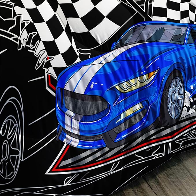 AILONEN Blue Racing Car Comforter Set Twin Size, Racing Flag Black White Bedding Set for Boys Kids Teens,Extreme Sports Bed in a Bag 3Pcs,1 Quilt and 2 Pillowcases,Soft Microfiber for All Season