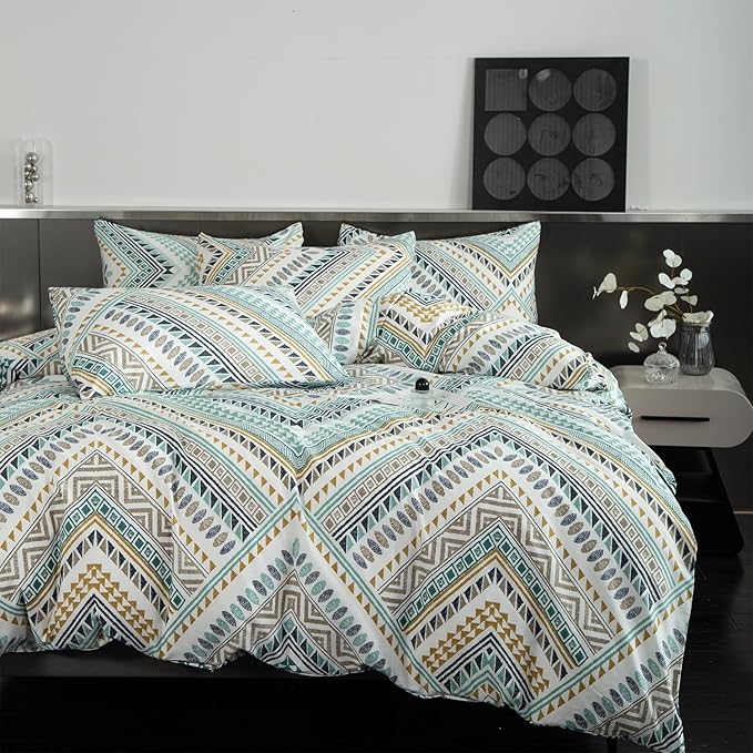Boho Duvet Cover Queen, 100% Cotton 3 pcs Triangle Tribal Bedding Set, Aztec Modern Rustic Southwestern Louvre Patterned Tribal Print Duvet Cover, with Zipper Closure, Breathable (No Comforter)