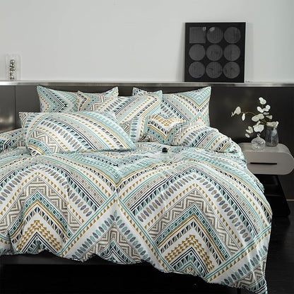 Boho Duvet Cover Queen, 100% Cotton 3 pcs Triangle Tribal Bedding Set, Aztec Modern Rustic Southwestern Louvre Patterned Tribal Print Duvet Cover, with Zipper Closure, Breathable (No Comforter)