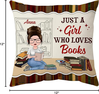 Hyturtle Personalized Book Throw Pillow (Insert Included) Gifts for Girl Book Lover Reading Club Librarian on Birthday Valentines - Just A Girl Who Loves Books Custom Name Couch Cushion Decor Pillow