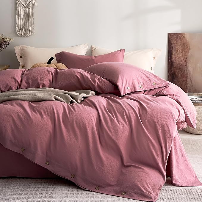 JELLYMONI 100% Washed Cotton Duvet Cover Full – Soft, Breathable Linen-Look Bedding with Natural Wrinkle Texture, Button Closure, 3-Piece Set (Deep Rose, 80"x90")