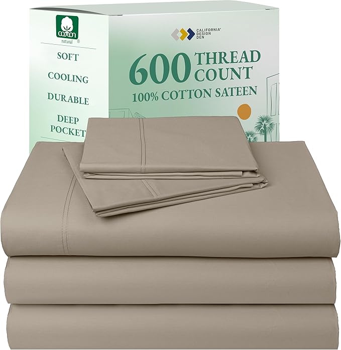 California Design Den Split King Sheet Set - 100% Cotton, 600 Thread Count, Breathable Luxury King Size Sheets for Adjustable Bed, Luxury Hotel-Quality Sheets with Soft Sateen Weave (Cool Taupe)