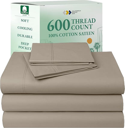 California Design Den Split King Sheet Set - 100% Cotton, 600 Thread Count, Breathable Luxury King Size Sheets for Adjustable Bed, Luxury Hotel-Quality Sheets with Soft Sateen Weave (Cool Taupe)
