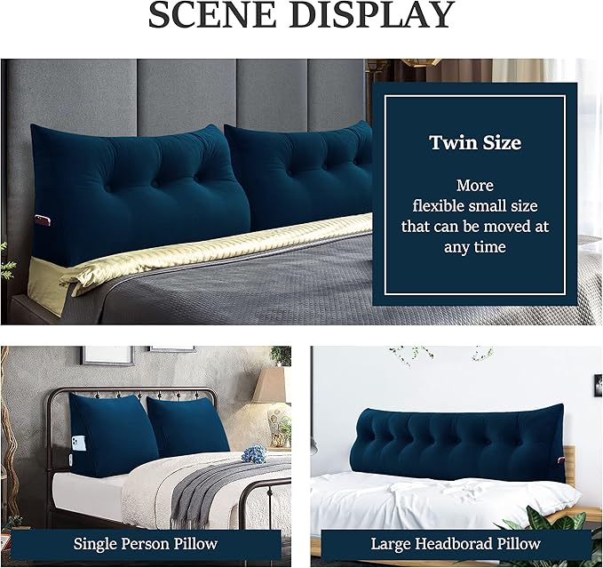 Johnear Wedge Headboard Large Bolster Pillow Reading Pillows for Sitting in Bed Adult， Velvet Triangular Cushion Backrest Lumbar Back Support Upholstered Daybed Sit Up Book Pillows（Darkblue, King）