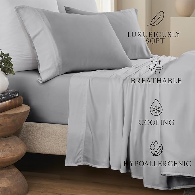 KARISSA MAE Cooling Bamboo Viscose California King Sheet Set | 100% Organically Grown | 18” Deep Pocket | Silky, Soft, & Hypoallergenic | with Organizer Band & Elastic Corner Straps [Grey Mist]
