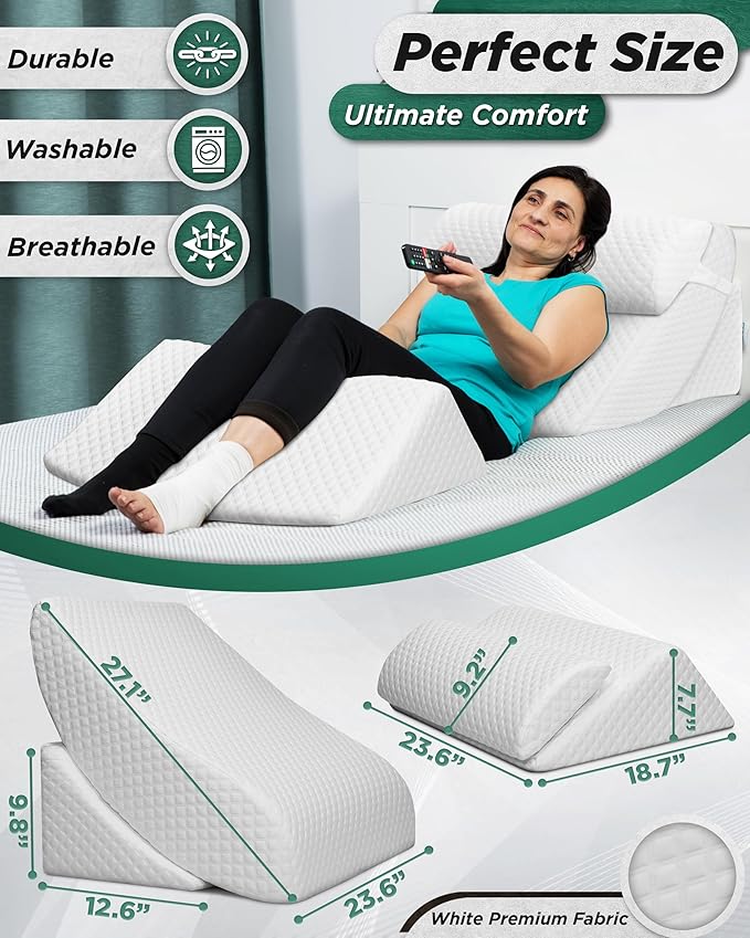 Lunix 4pcs Memory Foam Wedge Pillow Set for Back, Knee & Leg Pain Relief, Orthopedic Bed Pillow for Post Surgery, Reflux, GERD, Anti-Snoring, with Hot Cold Pack, White