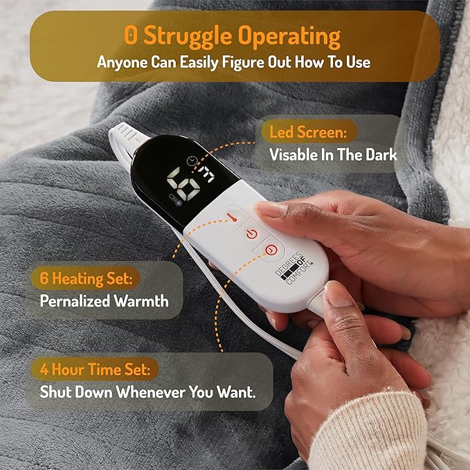 Degrees of Comfor Heated Throw Blanket - Soft Flannel Electric Throws with 6 Heat Settings and 4-Hour Auto Shut-Off - Warm Gifts for Grandma - Grey, 50x60'' - ETL Certified
