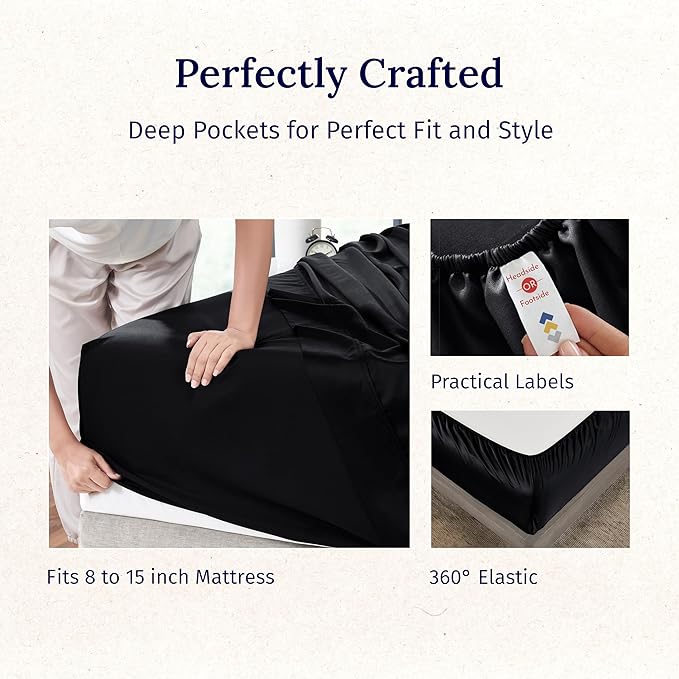 California Design Den Twin XL Sheets Set - Luxury 600 Thread Count Sateen, Natural 100% Cotton Sheets, Fully Elasticized Deep Pockets, Crisp, Cool and Durable Bedding for Dorm Room - Black