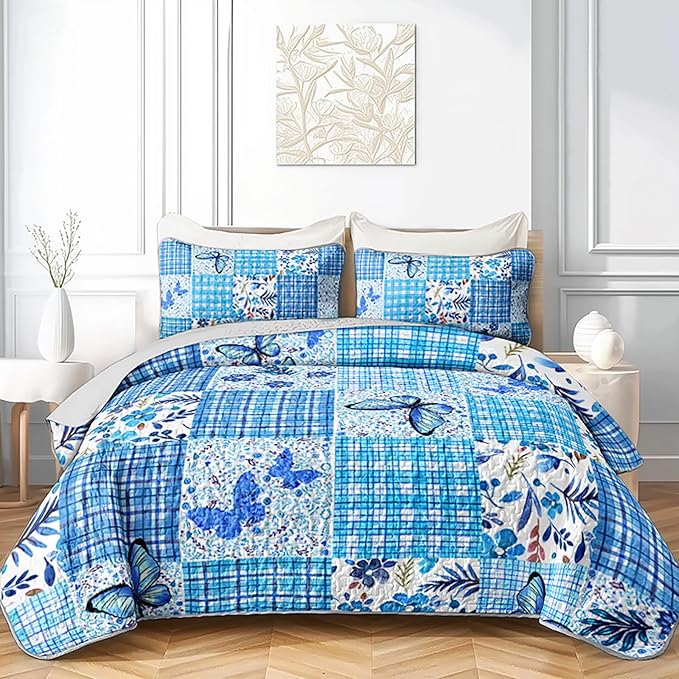 QOOMO Patchwork Quilt Set King Size,Floral Bedspread Coverlet Set,Butterflies 3Pcs Bedding Set Printed Quilt with 2 Pillowcases,Soft and Lightweight,for All Seasons