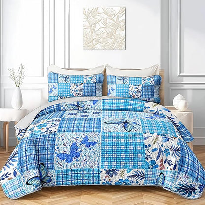 QOOMO Patchwork Quilt Set Twin Size,Floral Bedspread Coverlet Set,Butterflies 3Pcs Bedding Set Printed Quilt with 2 Pillowcases,Soft and Lightweight,for All Seasons