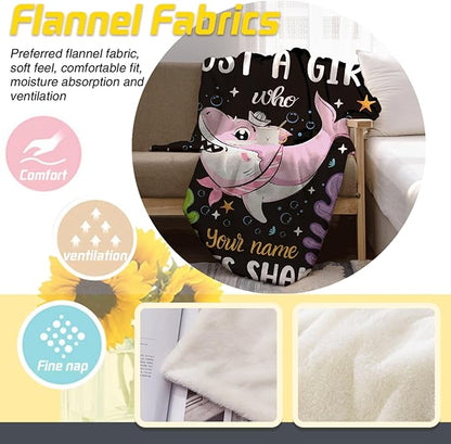 Custom Just A Girl Who Loves Sharks Blankets Gifts for Kids Adult On Bed Sofa,Personalized Premium Flannel Blankets for Birthday Christmas Thanksgiving All Season Use 50''x 60'' -M