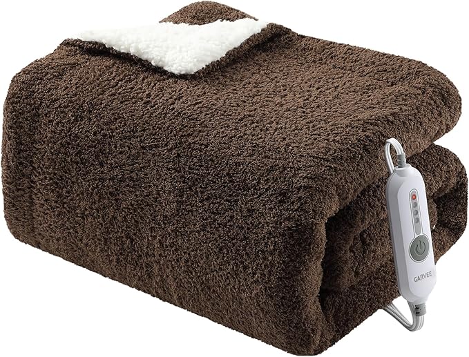 GarveeHome Electric Blanket Heated Throw, Heated Blanket Soft Double Sherpa Super Cozy with 4 Heating Levels & 4 Hours Auto Off, Overheat Protection, Machine Washable, ETL Certification, Brown 50"x60"
