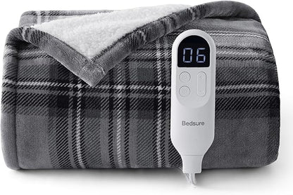 Bedsure Plaid Heated Throw Blanket - Flannel Sherpa Electric Blanket with Plaid Pattern, Heating with 6 Heating Levels, 4 Time Settings, 3-Hour Auto-Off, Warm Gifts for Grandma (Grey, 50"x60")