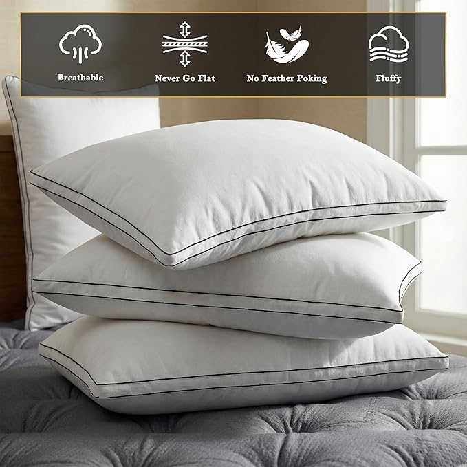 Feather Pillows Standard Size Set of 2 Goose Down Pillows with 100% Breathable Cotton Cover, Hotel Collection Bed Pillows for Sleeping, Soft Support for Back, Stomach and Side Sleepers