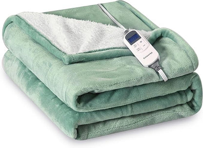 Heat Blanket 62”x84” Twin Size,Soft Flannel & Sherpa Reversible Electric Blanket with 10 Heat Settings,12 Timer Setting and 8 Hours Auto-Shut Off,ETL Certified Machine Washable,Green