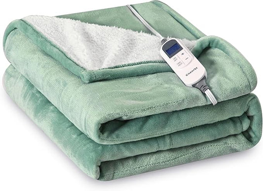 Heat Blanket 62”x84” Twin Size,Soft Flannel & Sherpa Reversible Electric Blanket with 10 Heat Settings,12 Timer Setting and 8 Hours Auto-Shut Off,ETL Certified Machine Washable,Green