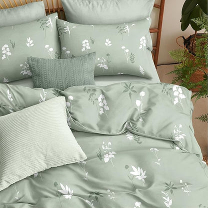 Floral Duvet Cover Queen Size Sage Green Botanical Bedding Set with White Flower 3 Pcs Women Men Romantic Floral Silhouette Ultra Soft Reversible Fall Duvet Cover with Zipper Closure