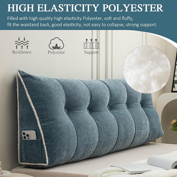 Headboard Pillow Twin, Chenille Triangular Wedge Pillow Headboard Twin Size, Reading Setting Backrest Daybed Pillows for Bed Sofa with Removable Coverr, Blue