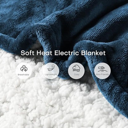 Electric Heated Blanket Throw Size 50"x60", 5 Heat Settings- 3H Auto Shut Off Flannel Material&Sheepskin Fabric, Machine Washable, Peacock Green&White