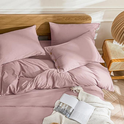 JELLYMONI Cotton Duvet Cover Twin Size - Pink Comforter Cover with Button 100% Washed Cotton 2PCS Breathable Soft Solid Bedding Set Duvet Cover 68×90in & 1 Pillowcase (NO Comforter)