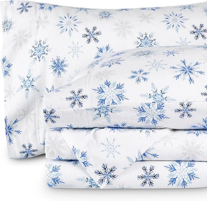 Bare Home Cotton Flannel Sheet Set Prints, 100% Cotton, Velvety Soft Heavyweight - Double Brushed for Softness & Comfort - Deep Pocket - Bed Sheets (Cal King, Snowflakes)