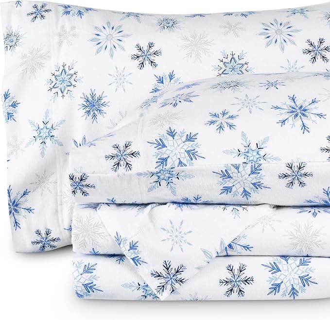 Bare Home Cotton Flannel Sheet Set Prints, 100% Cotton, Velvety Soft Heavyweight - Double Brushed for Softness & Comfort - Deep Pocket - Bed Sheets (Queen, Snowflakes)