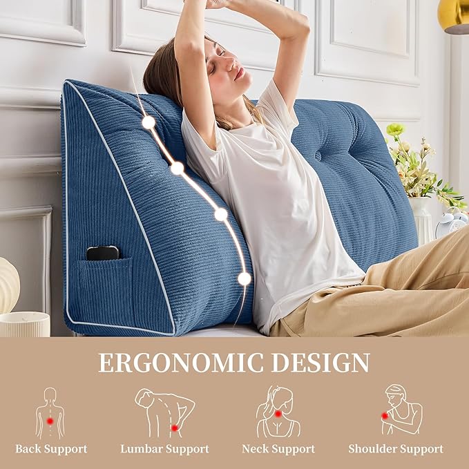 Sasttie Headboard Pillow King, Wedge Pillow Headboard for Sitting Up in Bed, Back-Rest Support Triangular Cushion for Reading - Features Removable Washable Cover, Blue