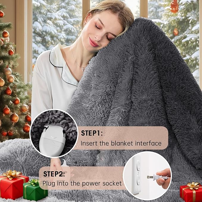 Heated Electric Blanket Twin–Faux Fur with Soft Thick Sherpa,Warm Winter Birthday Gifts for Women Grandma，10 Heat Settings,5 Time Settings with Fast Heating, 62x84, Foggy Dusk