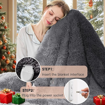 Heated Electric Blanket Twin–Faux Fur with Soft Thick Sherpa,Warm Winter Birthday Gifts for Women Grandma，10 Heat Settings,5 Time Settings with Fast Heating, 62x84, Foggy Dusk