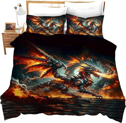 Dragon Bedding Set 3 Pieces Queen Size Flame Dragon Duvet Cover Comforter Cover Sets with 2 Pillowcases for Boys Girls Teens Men Women