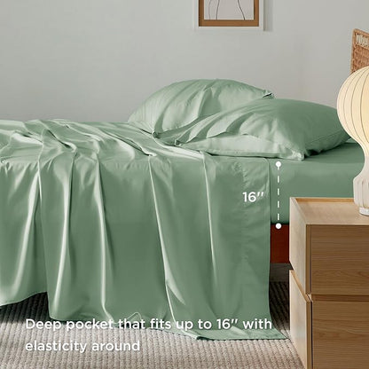 Bedsure California King Sheet Sets, Cooling Sheets, Rayon Derived from Bamboo, Breathable & Soft, Deep Pocket Up to 16 Inches, Hotel Luxury Silky Bedding for Hot Sleepers, Sage Green