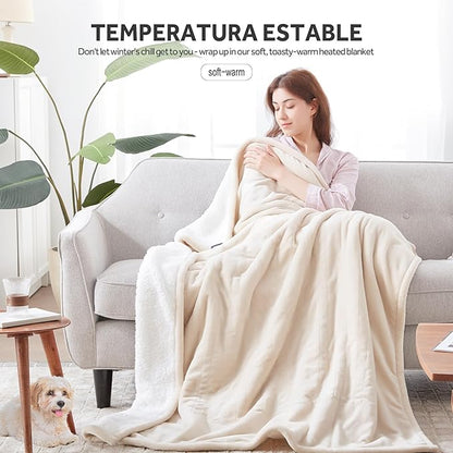 Heated Blanket Electric Blanket Twin Size Soft Flannel Sherpa, 6 Heat Levels Fast Heating, 2 to 10 Hours Auto-Off Detachable Controller Machine Washable, Beige 62"x84"