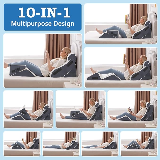 5Pcs Orthopedic Bed Wedge Pillow Set for After Surgery, Adjustable Wedge Pillow for Acid Reflux Relief, Bed Wedge Pillow Post Surgery, Memory Foam Wedge Pillows for Sleeping, White/Grey