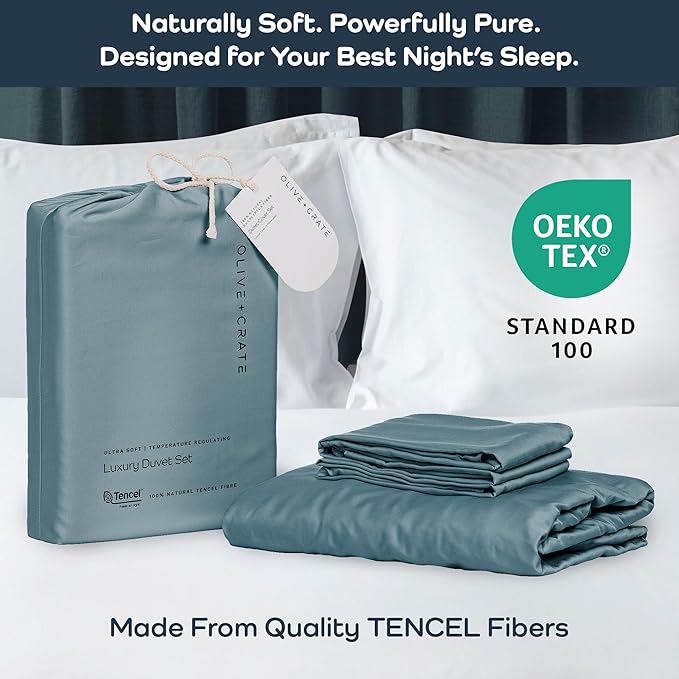 Olive + Crate Tencel Eucalyptus Cooling Duvet Cover Set - Hypoallergenic, Lyocell Tencel Duvet Cover - Soft, Temperature Regulating with Hidden Button Closure & Corner Ties - Queen Size [Basalt Blue]