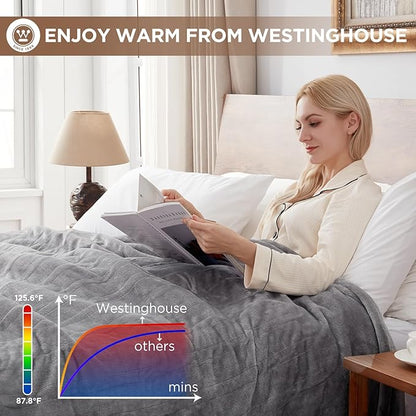 Westinghouse Heated Blanket Full Size - Electric with 10 Heating Levels, 1-12 Hours Auto Shut Off, Fast Warming, Machine Washable (Full, 72x84 Inches, Light Grey)