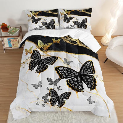 Kids Bedding Twin Size Comforter Set,Black and Gold Butterfly Bedding Comforter Sets for Boys Girls Room Decor,Marble Texture Artistic Aesthetic Bedding Sets with 2 Pillowcases.