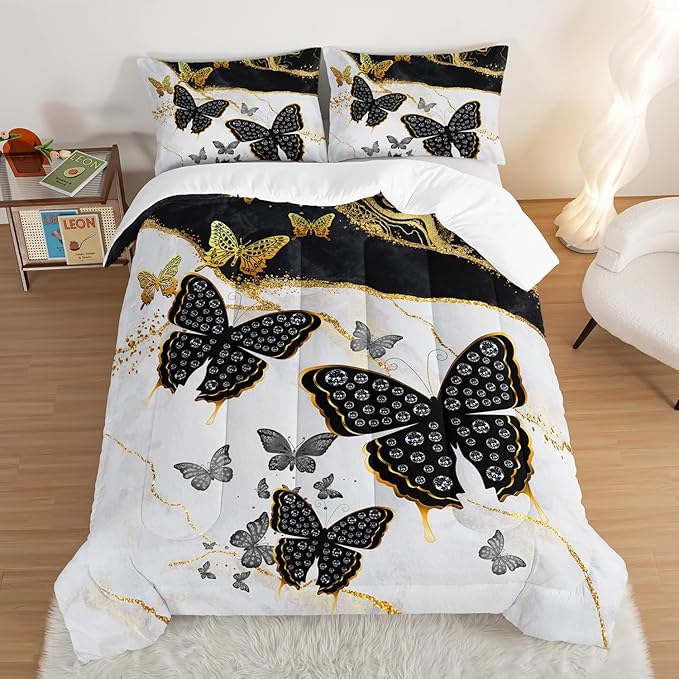 Kids Bedding Full Size Comforter Set,Black and Gold Butterfly Bedding Comforter Sets for Boys Girls Room Decor,Marble Texture Artistic Aesthetic Bedding Sets with 2 Pillowcases.