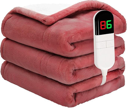 Heated Throw Blanket 50"×60" - Premium Cosy Soft Electric Blanket with 6 Heating Levels,Fast Heating Flannel Sherpa Blanket for Bed & Couch - Auto Shut Off/Machine Washable (Wine)